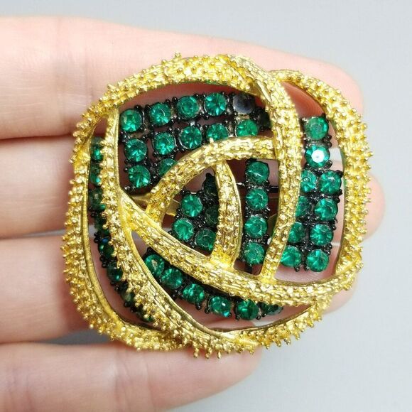 Vintage Green Rhinestone and Gold Tone Modernist Style Brooch Lapel Pin, Retro - Picture 6 of 6